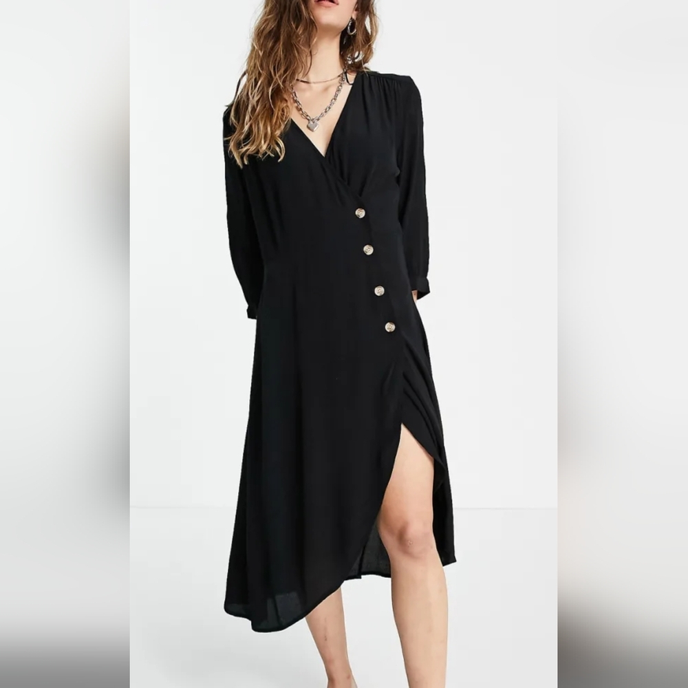 Monki Wrap Dress Black with Button Detail EU 42 Size US 10, Like New